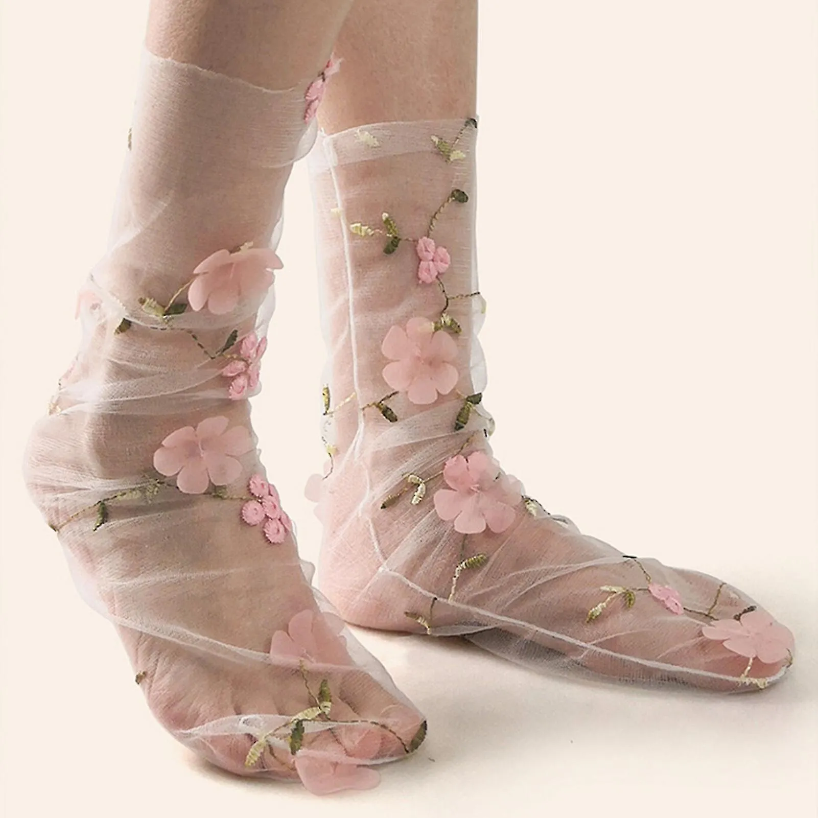 1 PAIR PILE SOCKS ELEGANT TRANSPARENT NYLON LESS WEAR FLORAL LACE SOCKS PHOTO PROPSGOOD