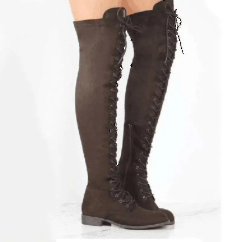 Botas de mujer por encima de la rodilla muslo alto con cordones zapatos planos El mejor regalo