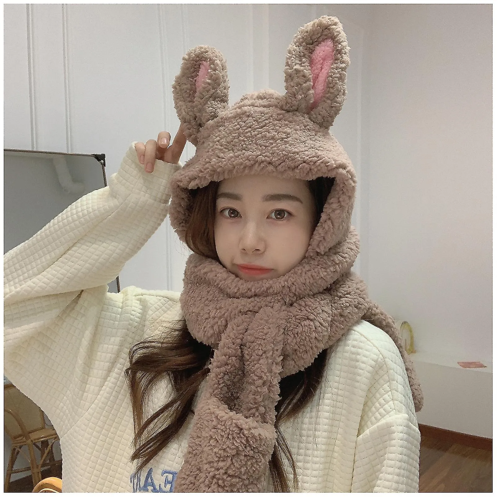 Rabbit Ear Protection Hat And Scarf With Scarf Pockets Mitten Gloves Fluffy Hat For Women Girls Daily Wear