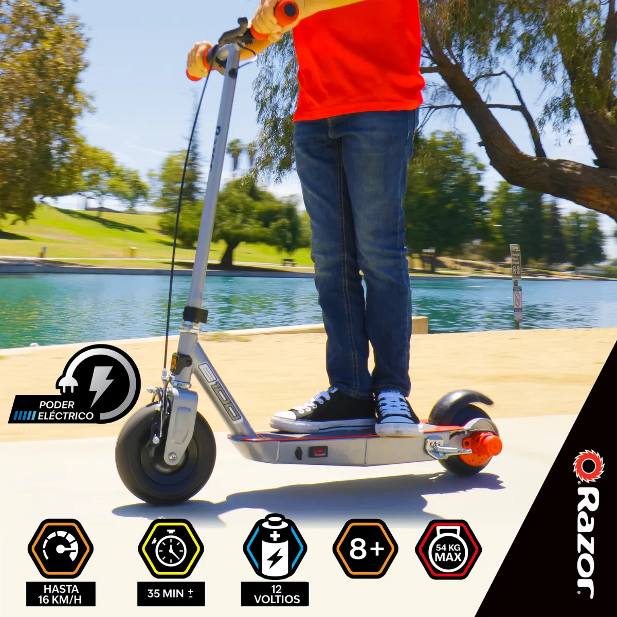 Razor E100 Scooter Eléctrico, Black Label, Plata/Rojo