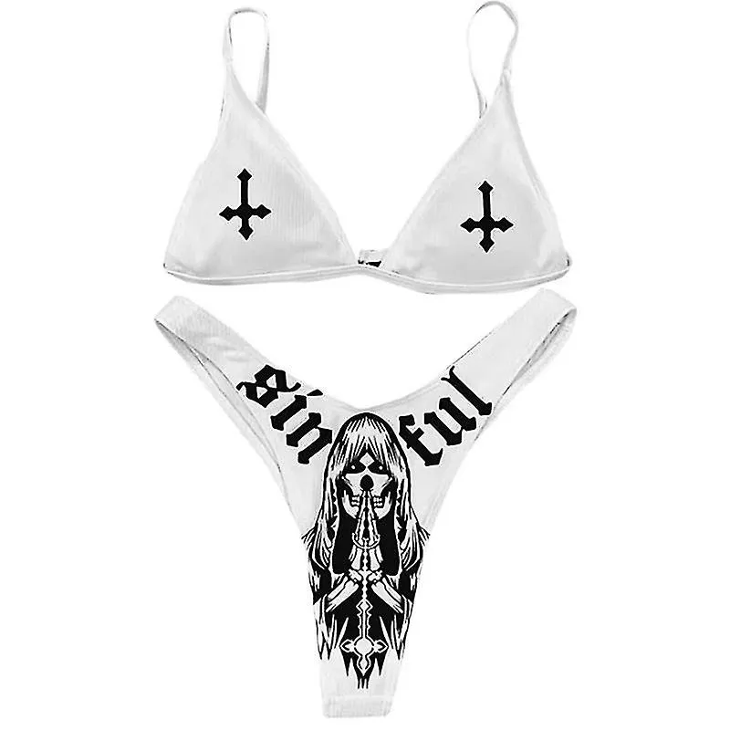 SEXY GOTH BIKINI SET WOMEN TWOPIECE SWIMSUIT CROSS SKULL PRINT Y2K BATHING SUIT SUMMER HOLIDAY BEACH WEAR BRA AND BRIEF SETSGO