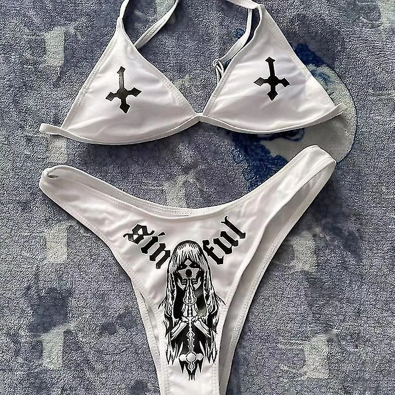 SEXY GOTH BIKINI SET WOMEN TWOPIECE SWIMSUIT CROSS SKULL PRINT Y2K BATHING SUIT SUMMER HOLIDAY BEACH WEAR BRA AND BRIEF SETSGO
