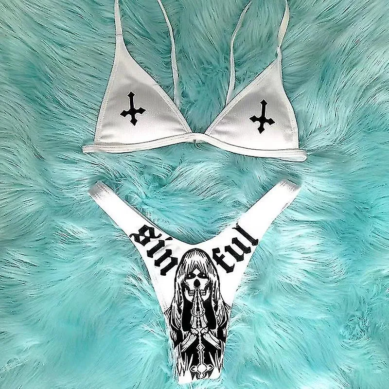 SEXY GOTH BIKINI SET WOMEN TWOPIECE SWIMSUIT CROSS SKULL PRINT Y2K BATHING SUIT SUMMER HOLIDAY BEACH WEAR BRA AND BRIEF SETSGO