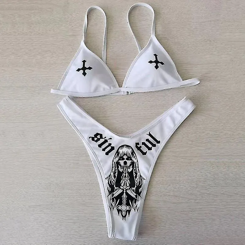SEXY GOTH BIKINI SET WOMEN TWOPIECE SWIMSUIT CROSS SKULL PRINT Y2K BATHING SUIT SUMMER HOLIDAY BEACH WEAR BRA AND BRIEF SETSGO