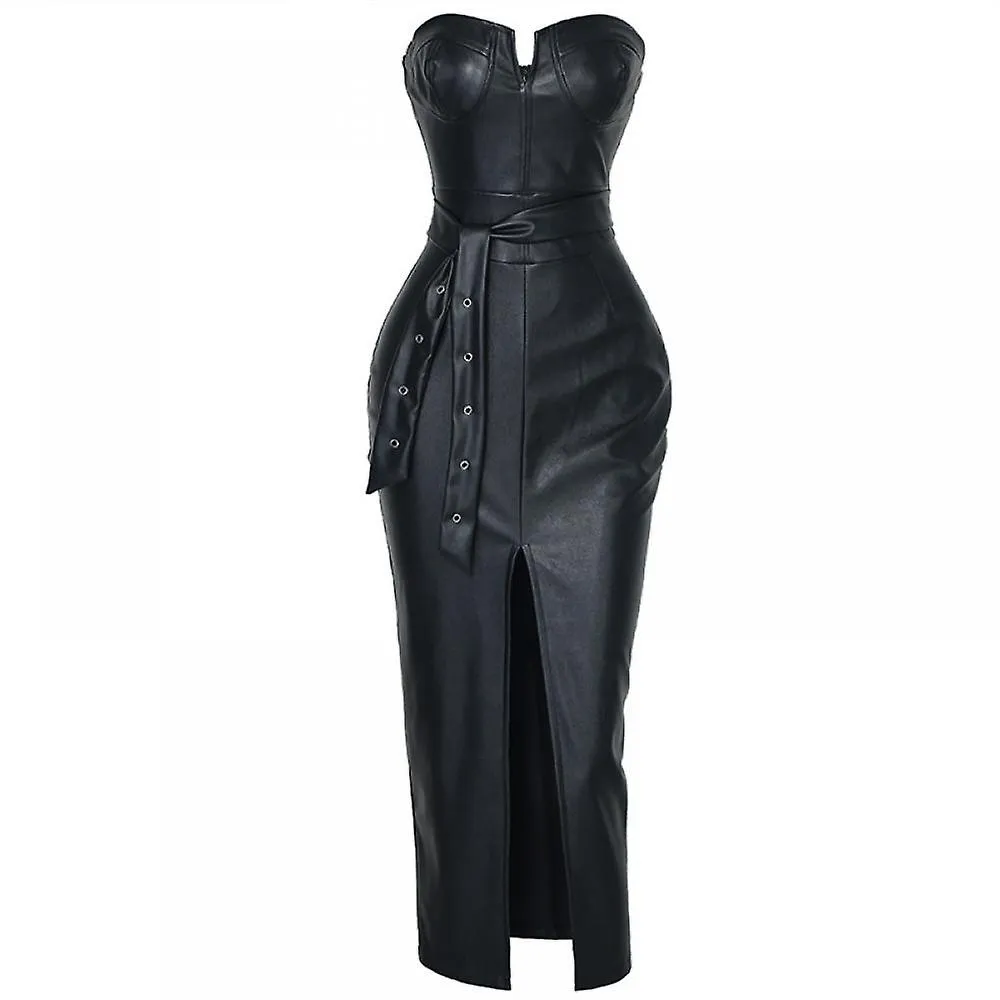 Sexy Strapless Bodycon PU Leather Dress Women Split Rivet Drop Draped Dress Club Party Wear Female (Black XL)